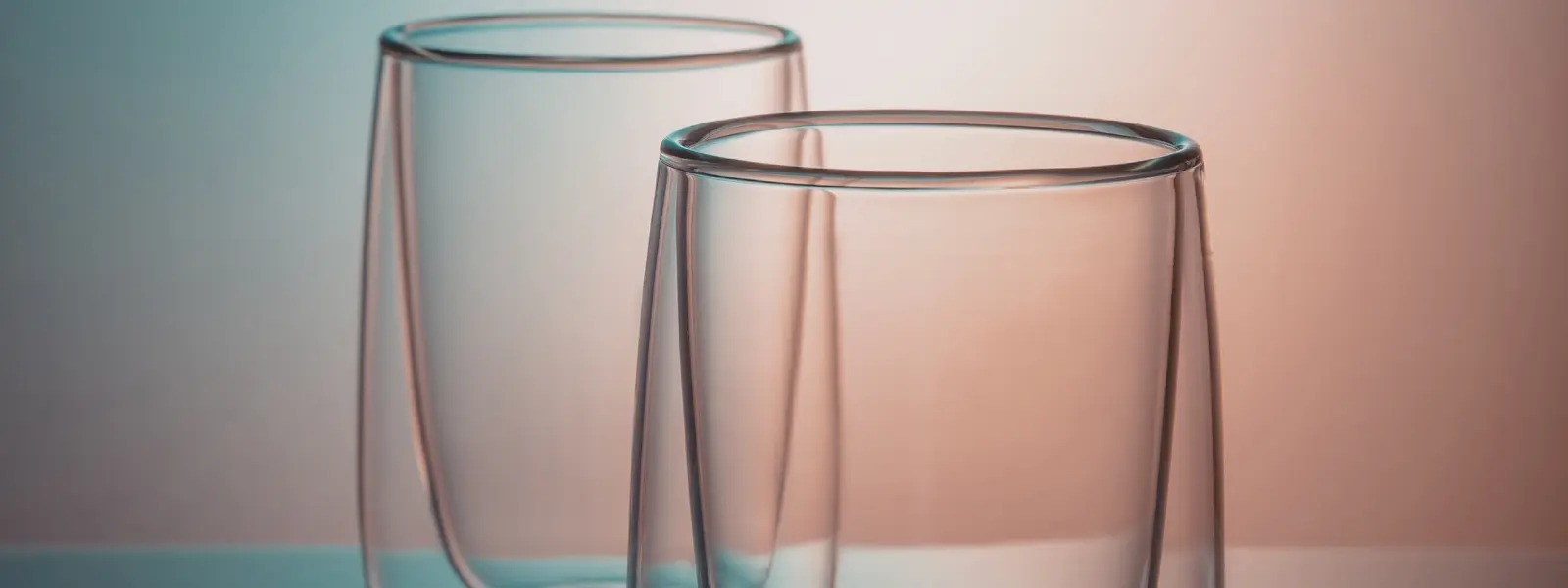 Due bicchieri in policarbonato trasparente a doppia parete, design moderno a clessidra con finitura cristallina su sfondo sfumato pastello, effetto vetro infrangibile.